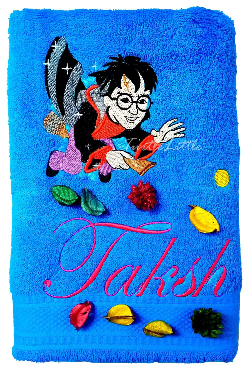 TurtleLittle, Cotton, Harry Potter on Flying Broom Personalised Kids Bath Towel, 500 GSM(100% Cotton, Blue)