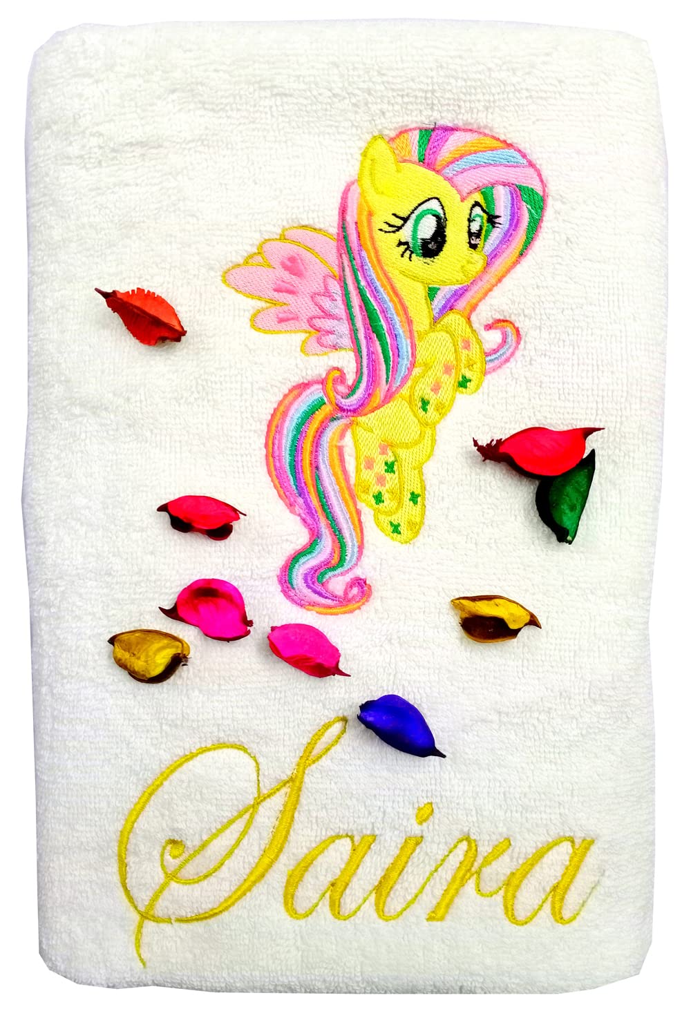 TurtleLittle, Cotton, Flutter Unicorn Pony Personalised Kids Bath Towel, 500 GSM (Set of 1, White)