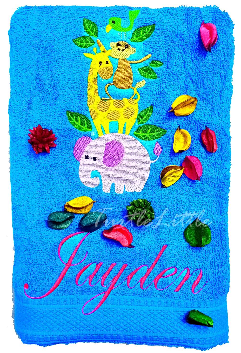 TurtleLittle, Cotton, Animals Personalised Kids Bath Towel, 500 GSM (Set of 1, Blue)