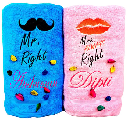 TurtleLittle, Cotton, Mr Right, Mrs Always Right Personalised Valentines Couple Bath Towel Set, 600 GSM (Set of 2, Pink and Blue)