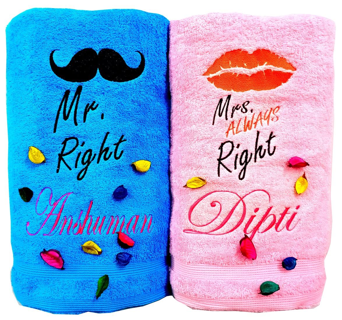 TurtleLittle, Cotton, Mr Right, Mrs Always Right Personalised Valentines Couple Bath Towel Set, 600 GSM (Set of 2, Pink and Blue)