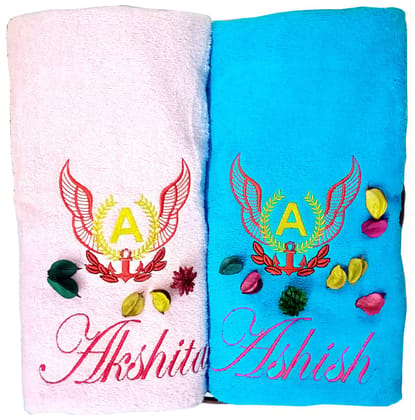 TurtleLittle, 100% Cotton, Laurel with Initials & Name Personalised Valentines Couple Bath Towel Set, 600 GSM (Set of 2, Pink & Blue)