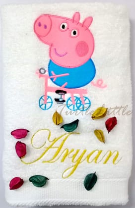 TurtleLittle, Cotton, Peppa's Brother George on Cycle Personalised Kids Bath Towel, 500 GSM(Set of 1, White)