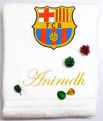 TurtleLittle, Cotton, FCB Barcelona Soccer Club Personalised Adult Bath Towel, 600 GSM (Set of 1, White)