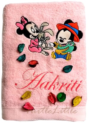 TurtleLittle, Cotton, Baby Mickey and Minnie Personalised Kids Bath Towel, 500 GSM (Set of 1, Pink)