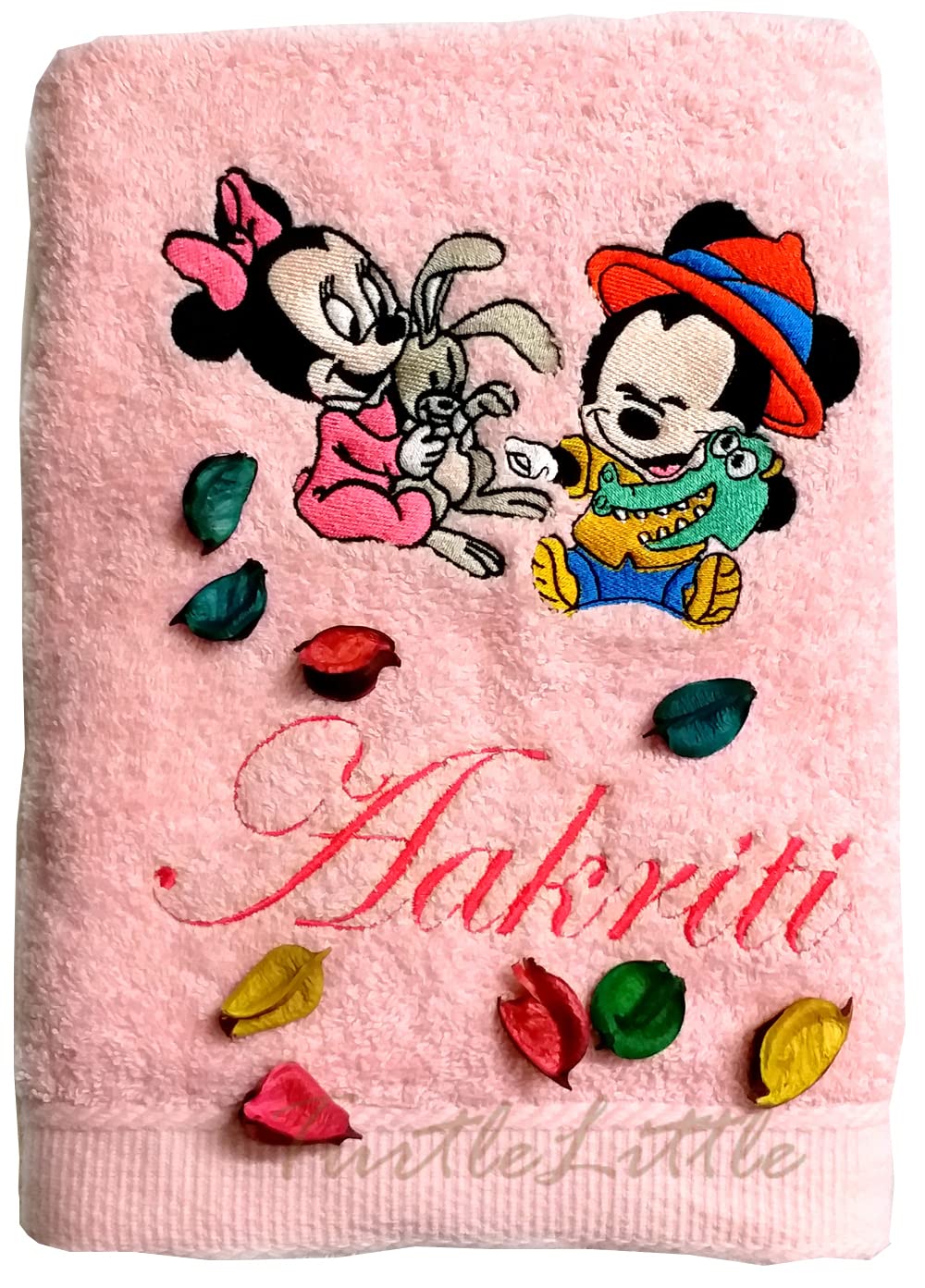 TurtleLittle, Cotton, Baby Mickey and Minnie Personalised Kids Bath Towel, 500 GSM (Set of 1, Pink)