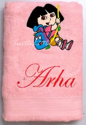 TurtleLittle, Cotton, Dora The Explorer Personalised Kids Bath Towel, 500 GSM (Set of 1, Pink)