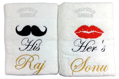 TurtleLittle, 100% Cotton, His & Her Personalised Valentines Couple Bath Towels, 600 GSM (Set of 2, White)
