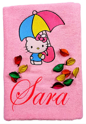 TurtleLittle, Cotton, Hello Kitty with Umbrella Personalised Kids Bath Towel, 500 GSM (Set of 1, Pink)