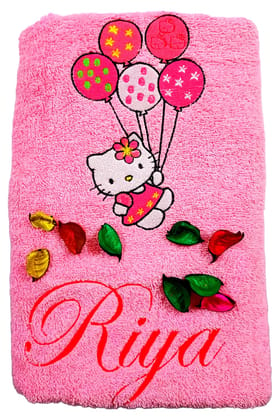 TurtleLittle, Cotton, Hello Kitty with Baloons Personalised Kids Bath Towel, 500 GSM (Set of 1, Pink)
