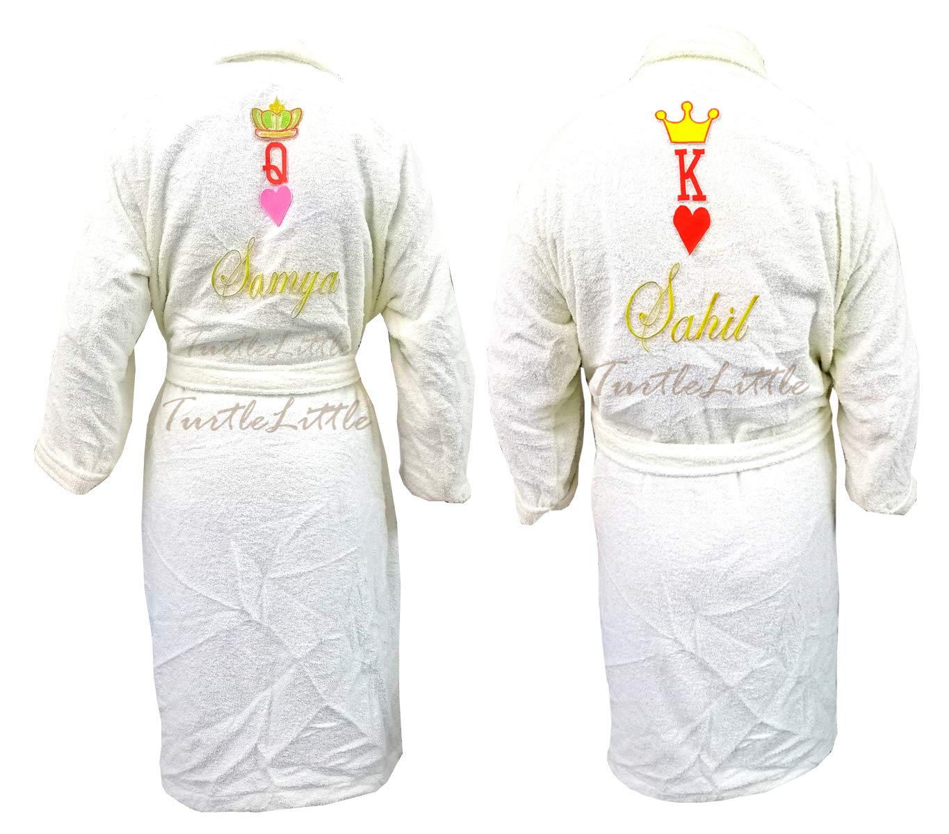 TurtleLittle, Cotton, Personalized Couple Bathrobes, King and Queen of Hearts with Crown, with Name and Initials, 350 GSM (Set of 2, Ivory White)