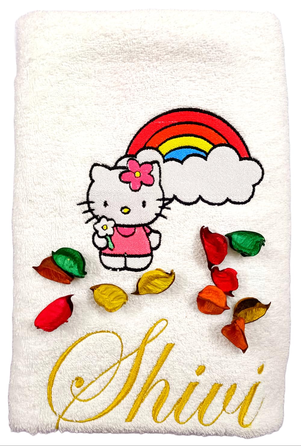 TurtleLittle, Cotton, Hello Kitty with Rainbow Personalised Kids Bath Towel, 500 GSM (Set of 1, White)