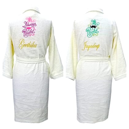 TurtleLittle, 100% Cotton, Personalised Couple Bathrobes for Adults, Men, Women, with Name and Initials, 350 GSM (Set of 2, Ivory White)