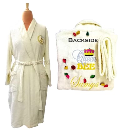 TurtleLittle, Cotton, Personalized Queen Bee Bathrobe for Adults/Women with Name and Initials, 350 GSM (Set of 1, Ivory White)