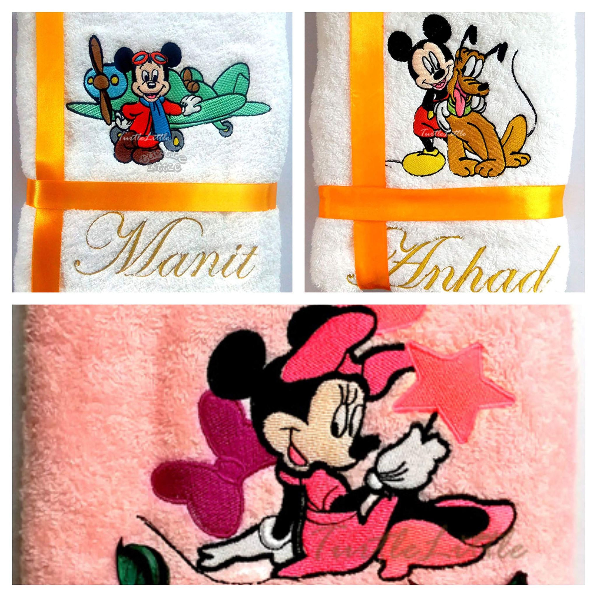 TurtleLittle, Cotton, 3 Mickey and Minnie Kids Personalised Towels, Value Saver Combo Pack, 500 GSM (Set of 3, White, White, Pink)