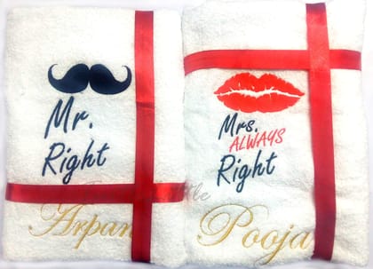 TurtleLittle Mr and Mrs Right Personalised Fabric Valentines Couple Bath Towels, 5 x 2.5 feet, Multicolour