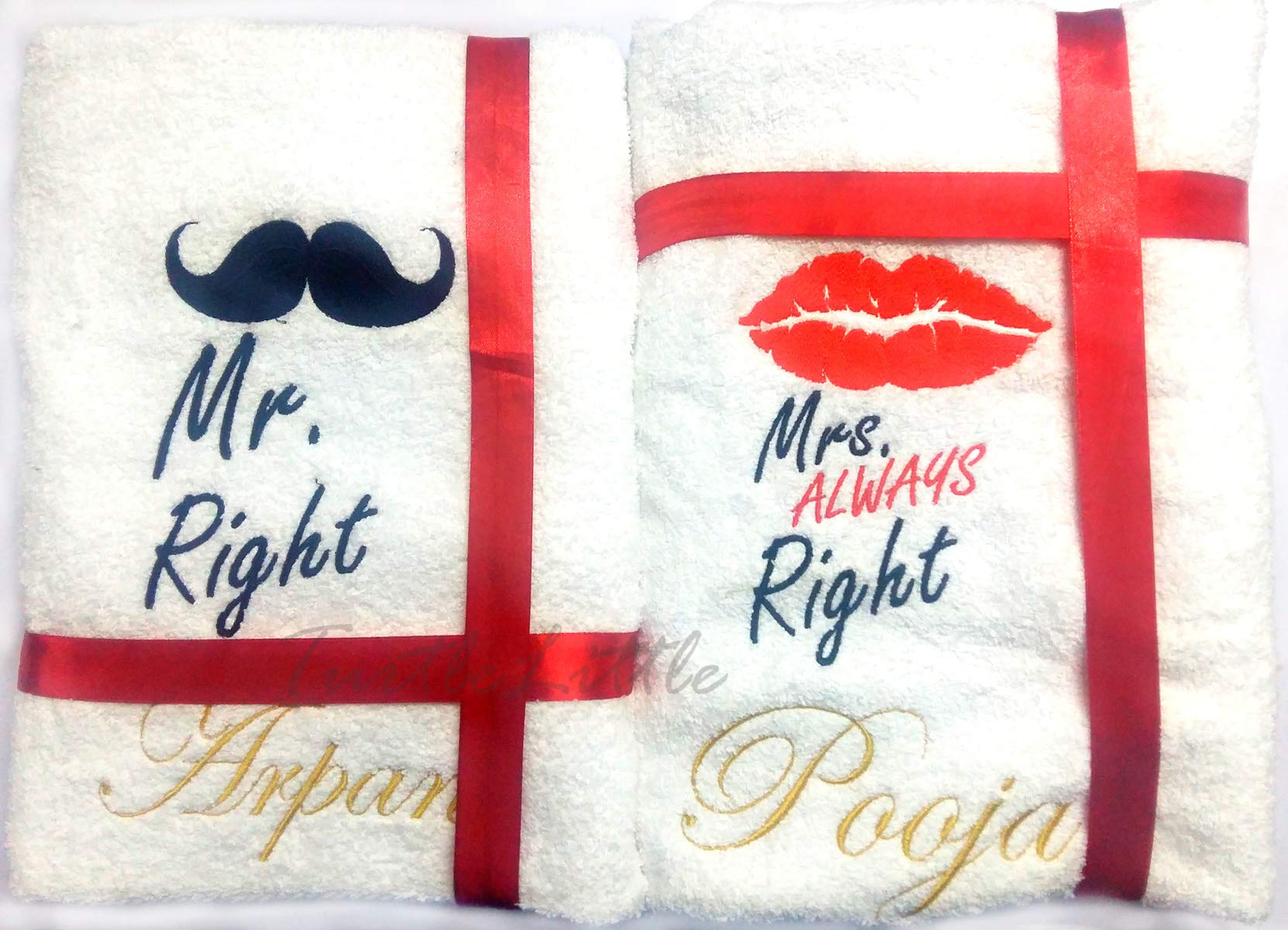 TurtleLittle Mr and Mrs Right Personalised Fabric Valentines Couple Bath Towels, 5 x 2.5 feet, Multicolour