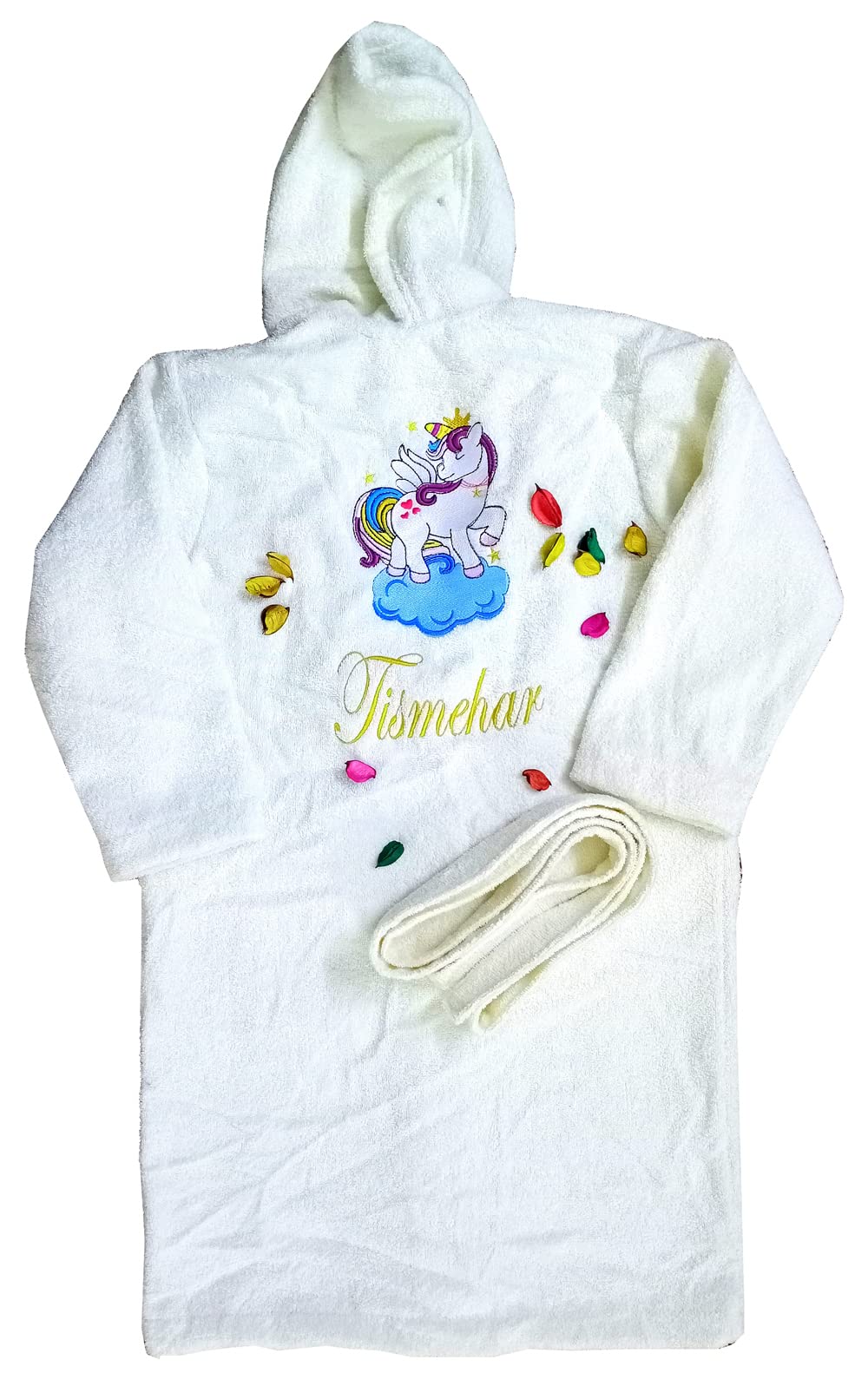 TurtleLittle, 100% Cotton, Unicorn My Little Pony Princess Bathrobe with Hood for Kids, 4 to 6 Years, with Name and Initials, 350 GSM (Set of 1, Ivory White)