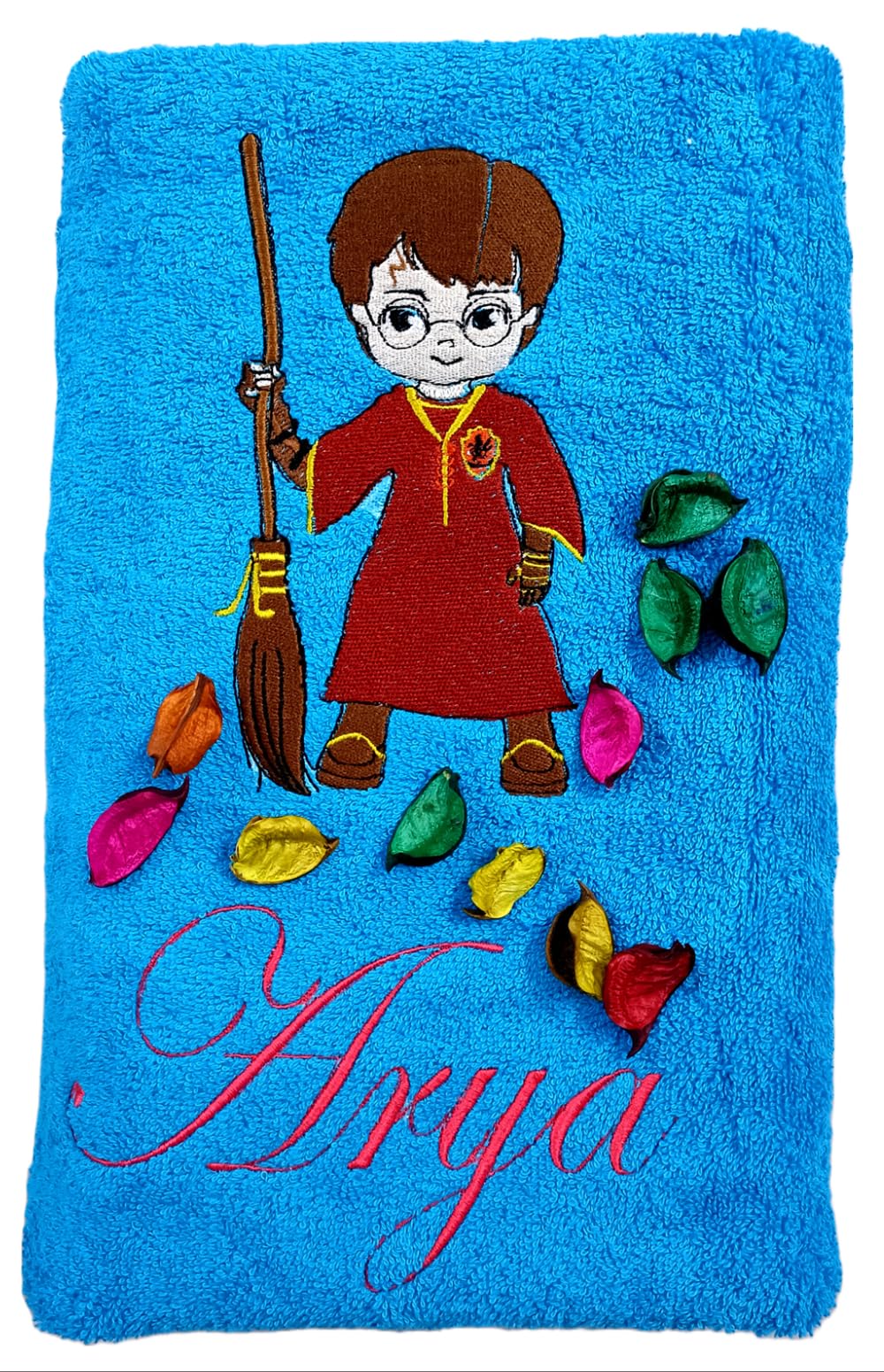 TurtleLittle, Cotton, Baby Harry Potter with Broom Superhero Personalised Kids Bath Towel, 500 GSM (Set of 1, Blue)