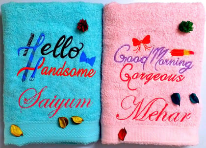 TurtleLittle Fabric Handsome and Gorgeous Personalised Valentines Couple Bath Towels (Multicolour, 5 by 2.5Ft)