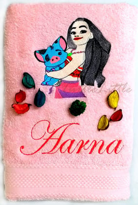 TurtleLittle, Cotton, Moana & Pig Friend Personalised Kids Bath Towel, 500 GSM (Set of 1, Pink)