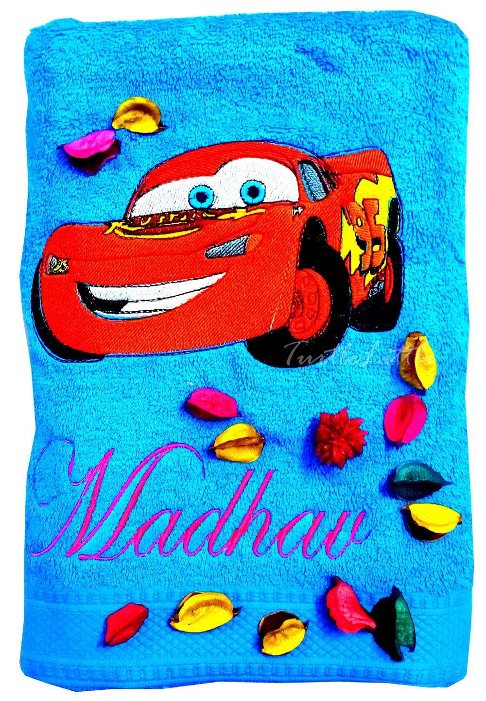 TurtleLittle, Cotton, Cars - McQueen Personalised Kids Bath Towel, 500 GSM (Set of 1, Blue)