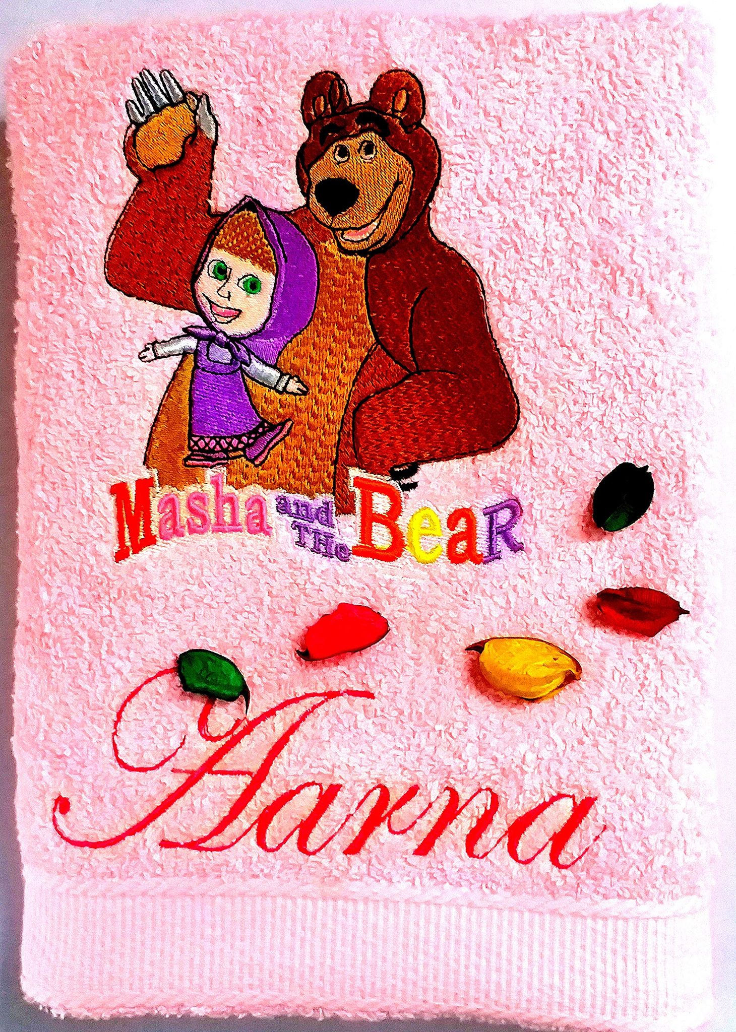 TurtleLittle, Cotton, Masha & The Bear Personalised Kids Bath Towel, 500 GSM (Set of 1, Pink)