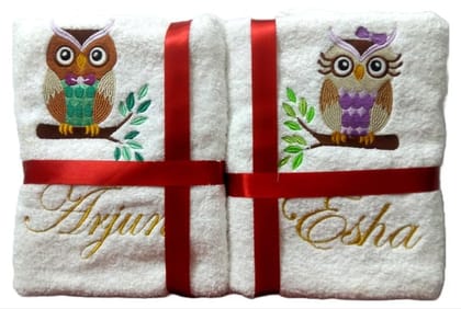 TurtleLittle, Cotton, Personalised He and She Owls Kids Bath Towel, 600 GSM (Set of 2, White)