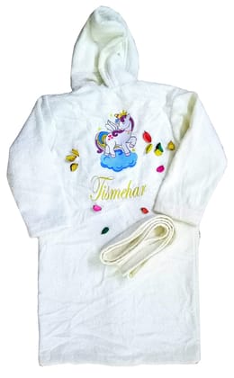 TurtleLittle, 100% Cotton, Personalised Unicorn Pony Bathrobe For Teenager Girls, with Name and Initials, 350 GSM (Set of 1, Ivory White)