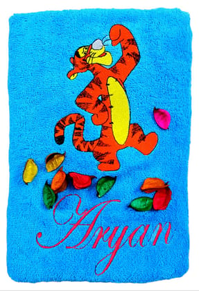 TurtleLittle, Cotton, Tigger Tiger Superhero Personalised Kids Bath Towel, 500 GSM (Set of 1, Blue)