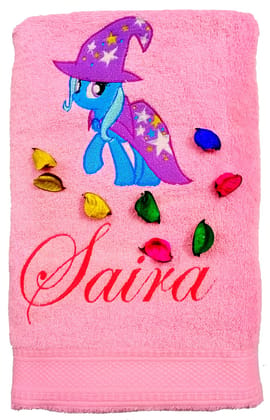 TurtleLittle, Cotton, Trixie Unicorn Pony Personalised Kids Bath Towel, 500 GSM (Set of 1, Pink)