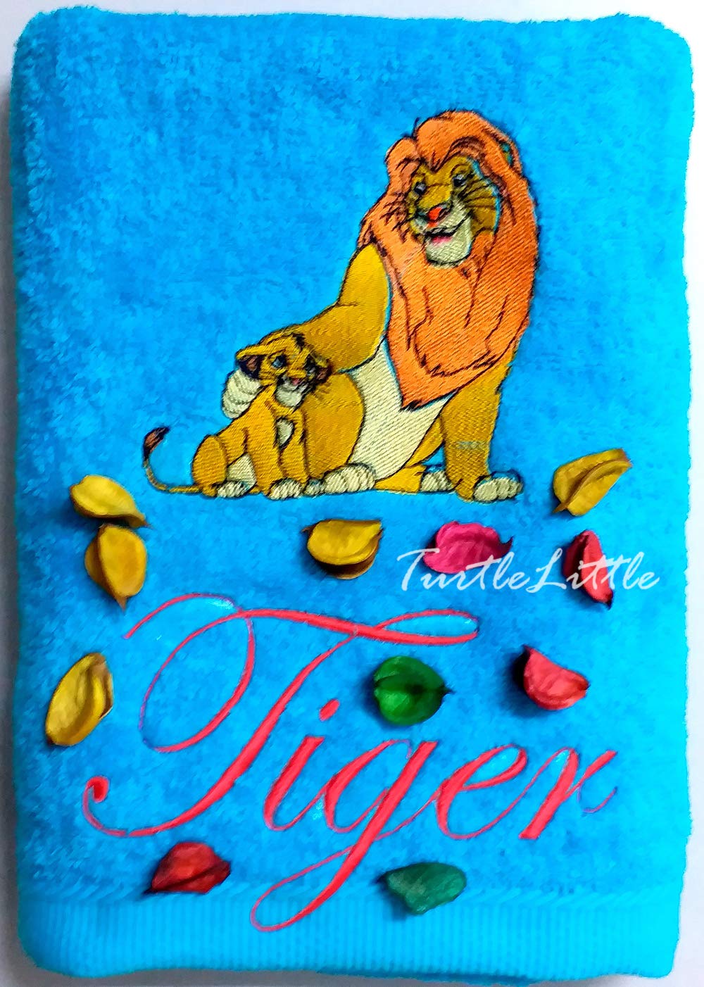 TurtleLittle, Cotton, Simba & Dad from Lion King Personalised Kids Bath Towel, 500 GSM (Set of 1, Blue)