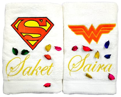 TurtleLittle, 100% Cotton, Superman and Wonder Woman Logo Personalised Couple Towel Set, 600 GSM (Set of 2, White)