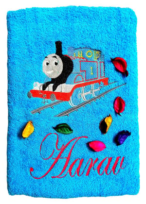 TurtleLittle, Cotton, Personalised Thomas Train Engine Embroidered Kids Bath Towel, 500 GSM (Set of 1, Blue)