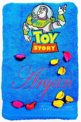 TurtleLittle, Cotton, Toy Story's Buzz Lightyear Personalised Kids Bath Towel, 500 GSM (Set of 1, Blue)