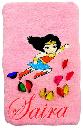 TurtleLittle, Cotton, Baby Wonder Woman Super Hero Personalised Kids Bath Towel, 500 GSM (Set of 1, Pink)