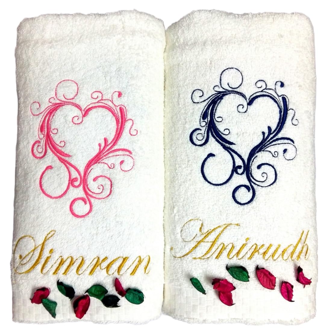 TurtleLittle, 100% Cotton, Valentines Hearts Personalised Valentines Couple Bath Towel, 600 GSM (Set of 2, White)