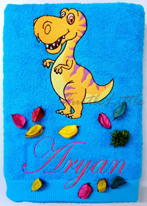 TurtleLittle, Cotton, Dinosaur Personalised Kids Bath Towel, 500 GSM (Set of 1, Blue)