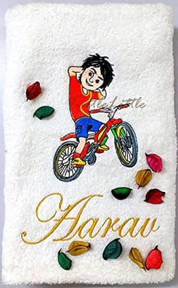 TurtleLittle, Cotton, Shiva on Cycle/Bike, Personalised Kids Bath Towel, 500 GSM (Set of 1, White)