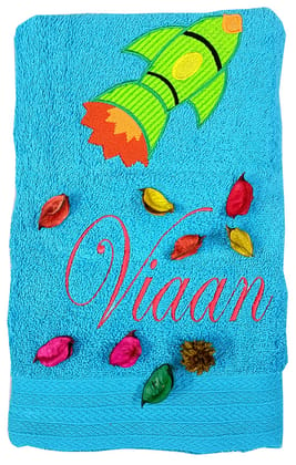 TurtleLittle, Cotton, Space Rocket Personalised Kids Bath Towel, 500 GSM (Set of 1, Blue)