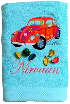 TurtleLittle, Cotton, Red Beetle Car Personalised Kids Bath Towel, 500 GSM (Set of 1, Blue)