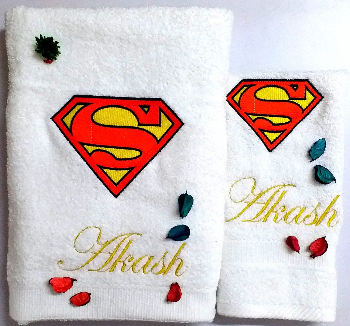 TurtleLittle, 100% Cotton, Superman Logo Personalised Luxury Adult Bath + Hand Towel Set, 600 GSM (Set of 2, White)