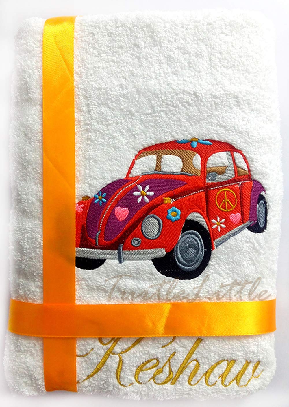 TurtleLittle, 100% Cotton, Red Beetle Personalised Adult Bath Towel, 600 GSM (Set of 1, White)