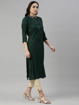 Women Embroidered Pure Silk Straight Kurta  (Dark Green)