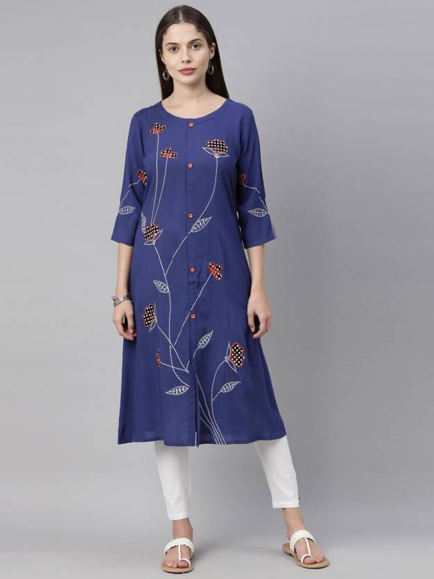 Women Embroidered Viscose Rayon A-line Kurta  (Blue)