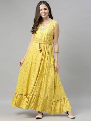 Women Embellished Viscose Rayon Gown Kurta  (Yellow)