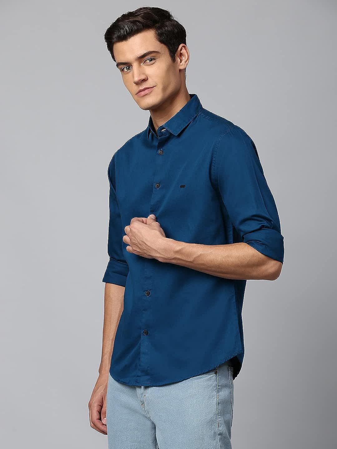 Men's Cotton Solid Slim Fit Casual Shirt with Pocket, Full Sleeve Shirt for Formal & Casual Wear (Blue)