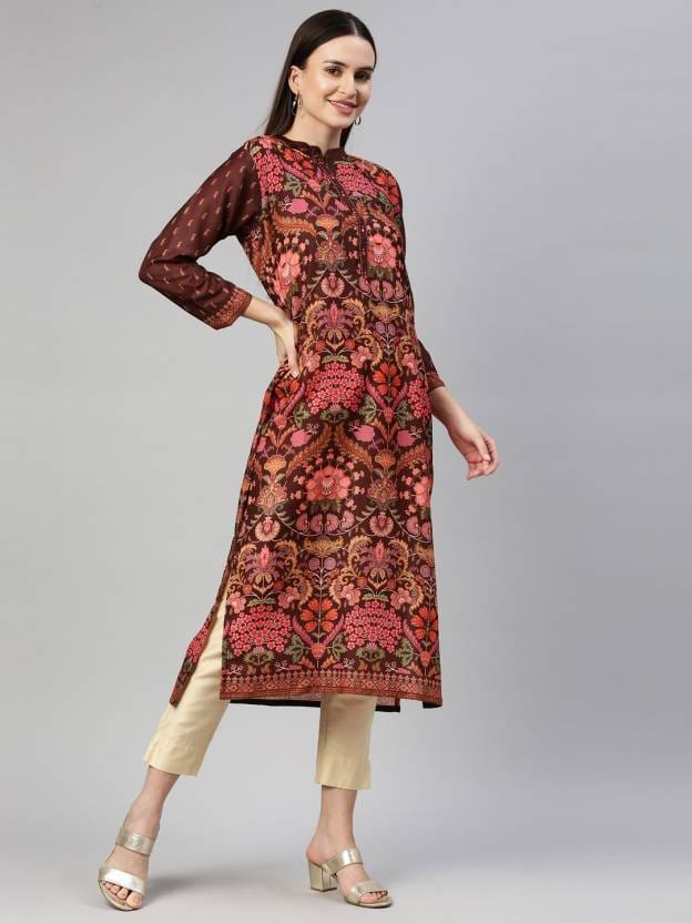 Women Floral Print Modal Straight Kurta  (Brown)