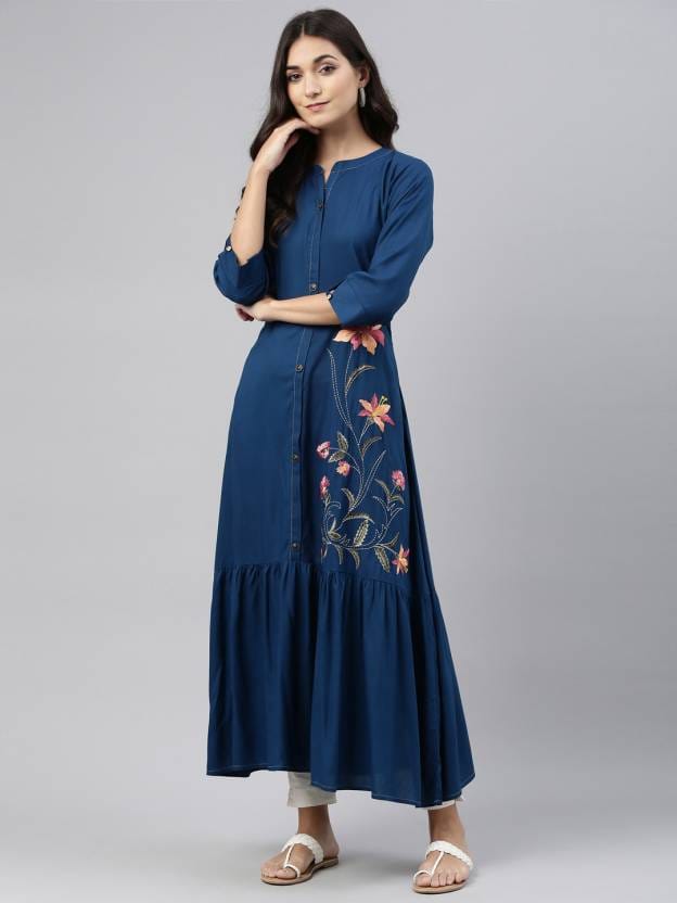 Women Embroidered Viscose Rayon A-line Kurta  (Blue)