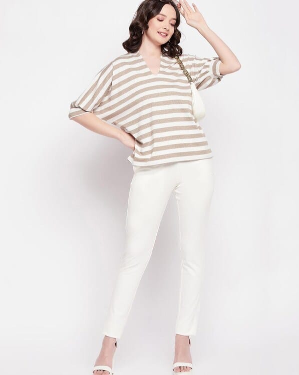 Hang N Hold Women Striped 3/4 Sleeves V neck Top